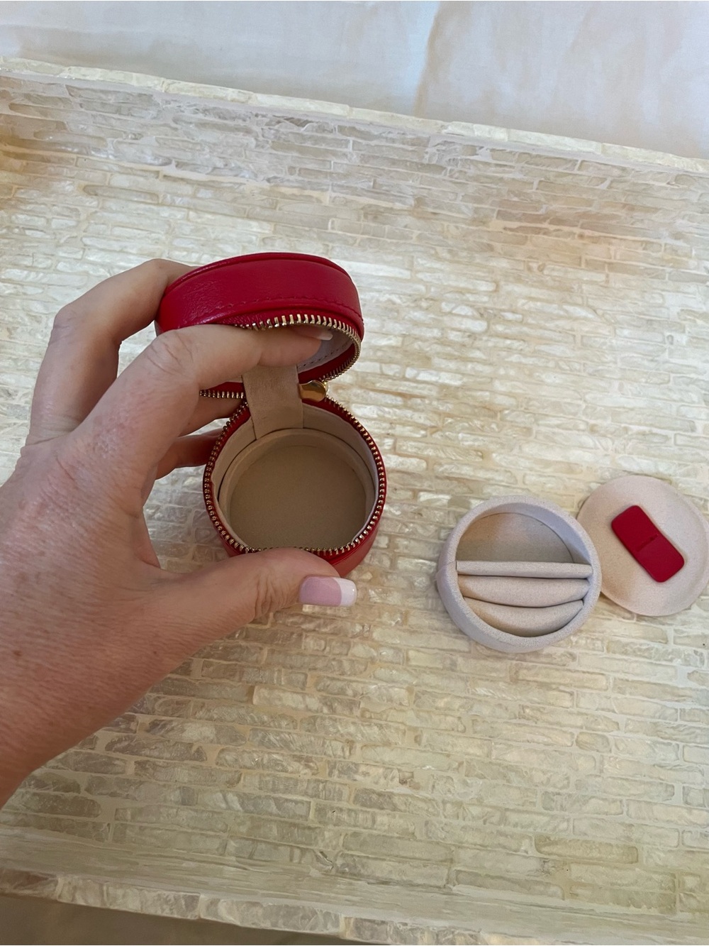 WOLF Red Round Jewelry Case with Gold Script - Picture 3 of 8
